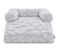 KOZZE FAB Sofa Pet Bed for Dogs, Soft Fleece Dog Sofa Bed with 3-Sided Support, Waterproof Layer & Non-Slip Back, Plush Polyester Pet Cushion with Bonded Fibre Filling, Silver, 90x90x15 cm