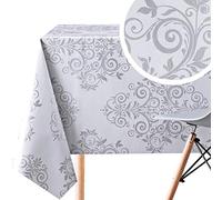 KP HOME Luxury Damask PVC Wipe Clean Table Cloth Rectangle 250x140 cm | 98x55 In - 8 Seats Wipeable Tablecloth - Waterproof Vinyl Oilcloth, Plastic Table Cover | Silver Grey Floral Baroque Motif