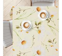 KP HOME Pastel Yellow PVC Table Cloth Wipe Clean Plastic Table Cover with Countryside White Daisy Floral Print - Square 55.1"x55.1" / 140x140cm Wipeable Waterproof Tablecloth Oilcloth Soft Vinyl 2m