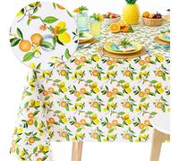 KP HOME PVC Table Cloth Wipe Clean Tablecloth in Juicy Lemons Print - Square 140x140 cm - 55x55 Wipeable and Waterproof Plastic Table Cover -White Oilcloth Yellow Fruits Vinyl Protector for Outdoor