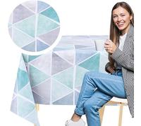 KP HOME Shimmer Grey PVC Table Cloth Wipe Clean Tablecloth with Blue Geometric Triangle Print - Rectangular 78.7"x 55.1" - 200x140cm Waterproof and Wipeable Plastic Table Cover Large Vinyl Oilcloth