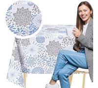 KP HOME White PVC Table Cloth Wipe Clean Tablecloth with Blue and Grey Flowers - Rectangular 78.7"x 55.1" 200x140 cm Waterproof and Wipeable Plastic Table Cover Floral Harmony Vinyl Oilcloth Outdoor