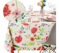 KP HOME Wipe Clean Tablecloth - Rectangular 78x55in | 200x140 cm Blooming Floral Meadow PVC Table Cloth Plastic Table Cover Wipeable and Waterproof in Beige With Large Flowers Oilcloth Outdoor Vinyl