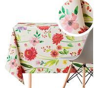 KP HOME Wipe Clean Tablecloth - Square 140 x 140 cm PVC Table Cloth in Beige Pastel Floral Blossom - Wipeable Waterproof Plastic Table Cover with Vinyl Textile Feel Colorful Summer Flowers Protector