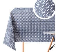 KP HOME Wipe Clean Tablecloth - Square 140x140cm | 55x55in round - Hard-Wearing Wipeable Vinyl PVC Kitchen Table Cloth Oilcloth In Faded Navy And White Retro Flower Pattern Waterproof Easy Care