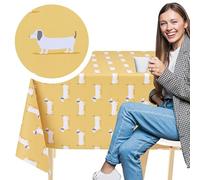 KP HOME Yellow PVC Table Cloth Wipe Clean Tablecloth with Cute Sausage Dogs - Rectangular 78.7"x 55.1" 200x140 cm Plastic Table Cover with Dachshunds Oilcloth Wipeable and Waterproof Vinyl Protector