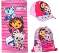 KP Pharma Gabby’s Dollhouse Kids Towel, Cap & Drawstring Bag Set - 3-Piece Summer Outdoor Kit for Girls - Soft 70x140cm Beach Towel, Cute Baseball Hat & Lightweight Gym/Swim Bag