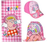 KP Pharma Peppa Pig Kids Towel, Cap & Drawstring Bag Set - 3-Piece Summer Outdoor Kit for Girls - Soft 70x140cm Beach Towel, Cute Baseball Hat & Lightweight Gym/Swim Bag