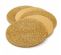 KPAVIR Gold Beaded Coasters Set - Handmade Round Drink Coasters with Non-Slip Fabric Backing, Heat Resistant Table Protection for Coffee Table, Dining Table & Home Decor (Set of 6)