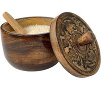 KPAVIR Wooden Salt Box with Lid & Spoon - Handcrafted Mango Wood Container with Carved Floral Design, Kitchen Storage for Salt, Spices & Seasonings