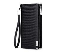 Kpeaoy Men's Leather RFID Blocking Long Wallet with Wrist Strap | Slim Yet Spacious, Smooth Zipper, Wrist Strap, Gift-ready,Bifold Zipper Clutch(Carbon Fibre Black)