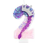 Kpop Birthday Candles,Purple Pink Number 2 Candle for Cake,Girls 2nd Birtdhay Decorations,Glittering Crown Cake Toppers with Sequins for K pop Theme Party Supplies,Anniversaries and Celebrations