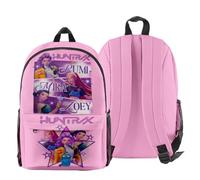 KPop Demon Hunters Huntrix Group Impression Backpack - Unisex Oxford Cartoon School Bag with Zipper Front Pocket & Side Mesh Holders for K-Pop & Anime Fans (Pink)