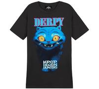 KPop Demon Hunters Official Derpy Tiger T-Shirt for Girls Teens, Soft Crew Neck T-Shirt, Cotton Loungewear, Gifts for Girls (13-14 Years, Black/Blue Derpy)