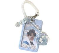 Kpop Photocard Holder 3 Inch Kawaii Acrylic Transparent Keychain Badge Holder Fairycore ID Credit Card Sleeve Cover Indie Protector with Love Heart Pendant (Blue,Vertical)