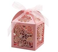 KPOSIYA 100 Pack Wedding Favor Boxes Laser Cut Boxes Party Favor Box Small Gift Boxes Lace Candy Boxes for Wedding Bridal Shower Baby Shower Birthday Party Anniverary with Ribbons (Pink, 100)