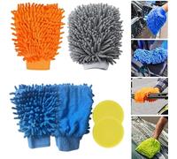 KPSRFG Microfibre Car Wash Drying Mitt Glove & Polish Applicator Pads Set - 4x Washing Mitt and 2x Soft Foam Waxing Pads for Car Washing, Polishing, Vehicle & Motorcycle Cleaning (Random Color)