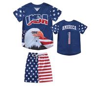 KPSTRO 4th of July Boys Baseball Jersey Shorts American Flag Button Down 2-14 Years Independence Day Outfit for Kids, blue, 6 Years
