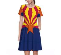 KPXXAQT Arizona State Flag Print Stylish Women Dresses Everyday Wear Casual Short Sleeve Summer Dress Crewneck Black