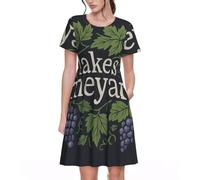 KPXXAQT Lakes Vineyard Print Stylish Women Dresses Everyday Wear Casual Short Sleeve Summer Dress Crewneck Black