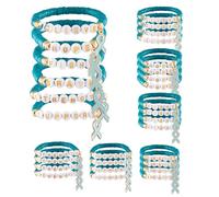 KQDFRSWEW 24 Pcs Teal Ribbon Awareness Bracelets Bulk Sexual Assault Awareness Ribbon Polymer Clay Letter Beaded Stretch Bracelets for Ovarian Cervical Cancer Awareness PTSD for Women
