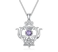KQF Scottish Thistle Necklace with Amethyst for Women Sterling Silver Celtic Scotland Flower Pendant Irish Jewelry Gifts for Girls, Sterling Silver, Amethyst