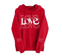 KQIVAM Ladies Couples Valentines Day Matching Hoodies Oversized Pullover with Double Heart Print, Loose Fit Blouse Tops Soft Hooded Sweatshirt with Pockets for Him & Her, Women's Casual Outfit