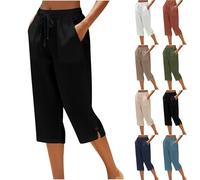 KQIVAM Ladies Cropped Trousers Linen 3/4 Capri Pants for Women UK Petite Casual Summer Three Quarter Length Trousers with Pockets Stretchy Drawstring Straight Leg Split Side Pants Beach Holiday