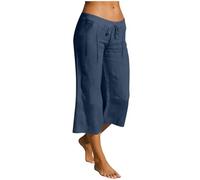 KQIVAM Petite Linen Trousers Womens Elasticated Waist Loose 3/4 Linen Trousers for Women UK Cotton Capri Pants Ladies Solid Color Drawstring Casual Cropped Pants with Pocket Vacation Beach Holiday