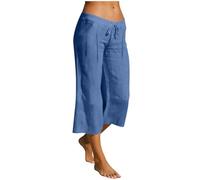 KQIVAM Petite Linen Trousers Womens Elasticated Waist Loose 3/4 Linen Trousers for Women UK Cotton Capri Pants Ladies Solid Color Drawstring Casual Cropped Pants with Pocket Vacation Beach Holiday