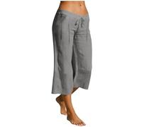 KQIVAM Petite Linen Trousers Womens Elasticated Waist Loose 3/4 Linen Trousers for Women UK Cotton Capri Pants Ladies Solid Color Drawstring Casual Cropped Pants with Pocket Vacation Beach Holiday