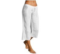 KQIVAM Petite Linen Trousers Womens Elasticated Waist Loose 3/4 Linen Trousers for Women UK Cotton Capri Pants Ladies Solid Color Drawstring Casual Cropped Pants with Pocket Vacation Beach Holiday