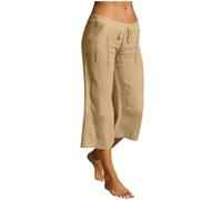 KQIVAM Petite Linen Trousers Womens Elasticated Waist Loose 3/4 Linen Trousers for Women UK Cotton Capri Pants Ladies Solid Color Drawstring Casual Cropped Pants with Pocket Vacation Beach Holiday