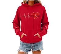 KQIVAM Valentines Day Matching Hoodies Oversized Pullover with Double Heart Print, Loose Fit Blouse Tops Soft Hooded Sweatshirt with Pockets for Him & Her, Women's Casual Outfit