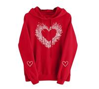 KQIVAM Valentines Day Matching Hoodies Oversized Pullover with Double Heart Print, Loose Fit Blouse Tops Soft Hooded Sweatshirt with Pockets for Him & Her, Women's Casual Outfit