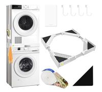 Kqpoinw Universal Stacking Kit for Washer and Dryer,Washing Machine Stacking Kit with Adjustable Width 44.5-70cm, Stacking Shelf Frame with Ratchet Ropes and Anti-Slip Mat, 4 Hooks