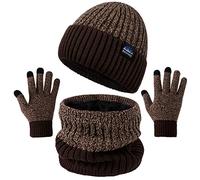KQueenStar Direct Hat Scarf and Gloves Set Mens - Winter Thermal Warm Knitted Beanie Hat Neck Warmer Touchscreen Gloves with Soft Fleece Lining Stretchy Outdoor Sports Gift for Men UK