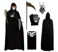 KQWVZ Halloween Grim Reaper Costume Set, 5 PCS Halloween Costumes For Kids Grim Reaper, The Grim Reaper Costume With Cloak, Skull Gloves, Skull Mask, Grim Reaper Scythe, Party Favors for Adolescent