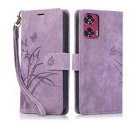 KQXG Case for Motorola Edge 50 Fusion - Premium Synthetic Leather Wallet Cover, Magnetic Flip, Foldable Kickstand, Full Protection, Card Slots, Butterfly & Orchid Design -Purple