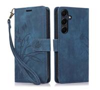KQXG Case for Samsung Galaxy A55 - Premium Synthetic Leather Wallet Cover, Magnetic Flip, Foldable Kickstand, Full Protection, Card Slots, Butterfly & Orchid Design -Blue