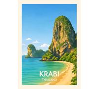 Krabi Thailand Travel Art Print, Tropical Beach Paradise Wall Decor, Coastal Landscape Digital Artwork. Size A4