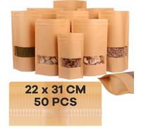 Kraft Bags With Window, Brown Kraft Sealable Pouches, Kraft Pouches With Window, Sealable Brown Bags, Applicable for Food, Dried Fruit, Nuts, Coffee Beans, Tea Leaves, Spices, etc. (22x31cm 50PCS)