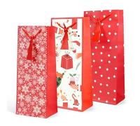 Kraft & Co. 3 Pack Christmas Wine Bottle Gift Bags, 200gsm Kraft Paper with Rope Handles, Eco-Friendly Recyclable Holiday Packaging, Fits Standard Wine Bottles, Festive