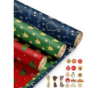 Kraft & Co - 3 Pack Kraft Christmas Wrapping Paper Rolls 69cm x 8m, Recycled & Eco-Friendly Gift Wrap with 15 Tags & 3-Color Twine, Christmas Wrap Tear-Resistant, Sustainable Packaging, 24m Rol
