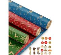 Kraft & Co - 3 Pack Kraft Christmas Wrapping Paper Rolls 69cm x 8m, Recycled & Eco-Friendly Gift Wrap with 15 Tags & 3-Color Twine, Christmas Wrap Tear-Resistant, Sustainable Packaging, Total 24m Rol
