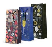 Kraft & Co Christmas Wine Bottle Bag, 3 Design, Joy, Festive, Sparkle, Pack of 3 in Blue | Size: 3 Pack Kraft & Co Blue 3 Pack