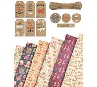 Kraft & Co - Christmas Wrapping Paper 12 Sheets - Recycled Kraft Gift Wrap Sheets 50 x 70cm, 6 Festive Holiday Designs with Tags & Twine, Eco Friendly, Biodegradable & Recyclable, Buzz