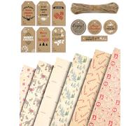 Kraft & Co - Christmas Wrapping Paper 12 Sheets - Recycled Kraft Gift Wrap Sheets 50 x 70cm, 6 Festive Holiday Designs with Tags & Twine, Eco Friendly, Biodegradable & Recyclable, Party