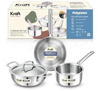 Kraft Futuretec 4 Pcs Triply Stainless Steel Cookware Set | 22cm (2.4 L) Extra Deep Kadai with Lid, 22cm (1.6 L) Frypan, 16cm (1.6 L) Saucepan | Less Oil, Healthy Cooking | Induction Bottom Cookware