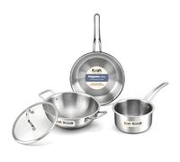 Kraft Futuretec 4 Pcs Triply Stainless Steel Cookware Set Combo | 22cm Kadai with Glass Lid 2.4 L, 22cm Frypan 1.6 L, 14 cm Saucepan 1.2 L | Less Oil, Healthy Cooking | Gas & Induction Cookware